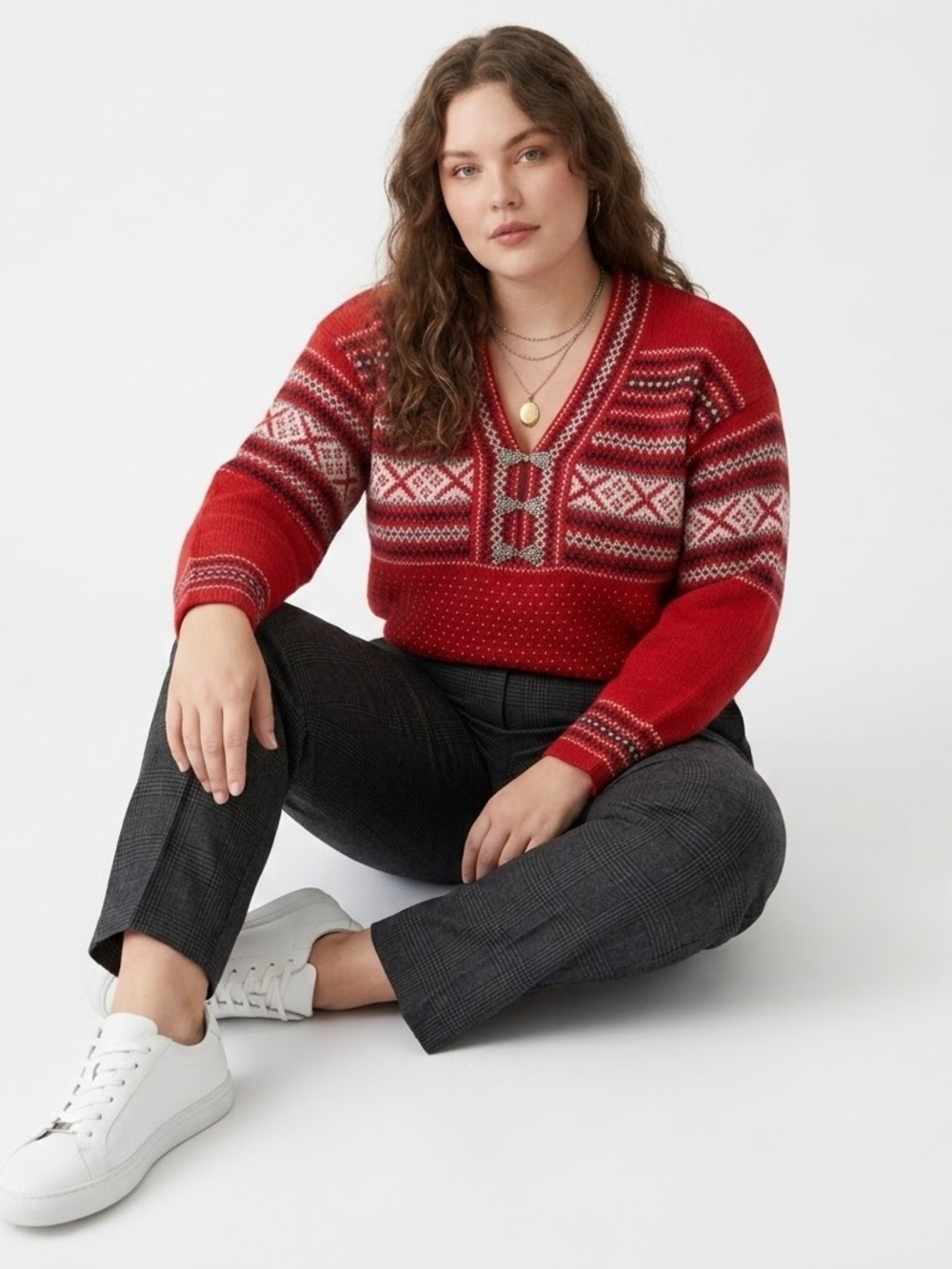 Vintage Liz Sport Nordic Sweater Cottagecore Red Fair Isle Cotton Cabincore